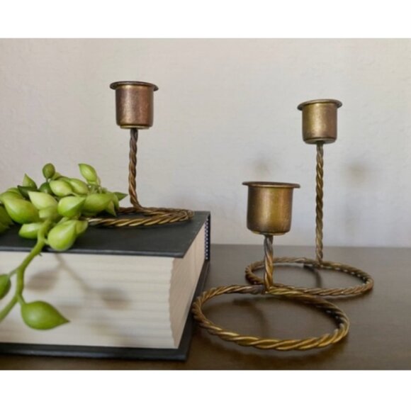Set/3 Antique Brass Candle Holders - Picture 3 of 4